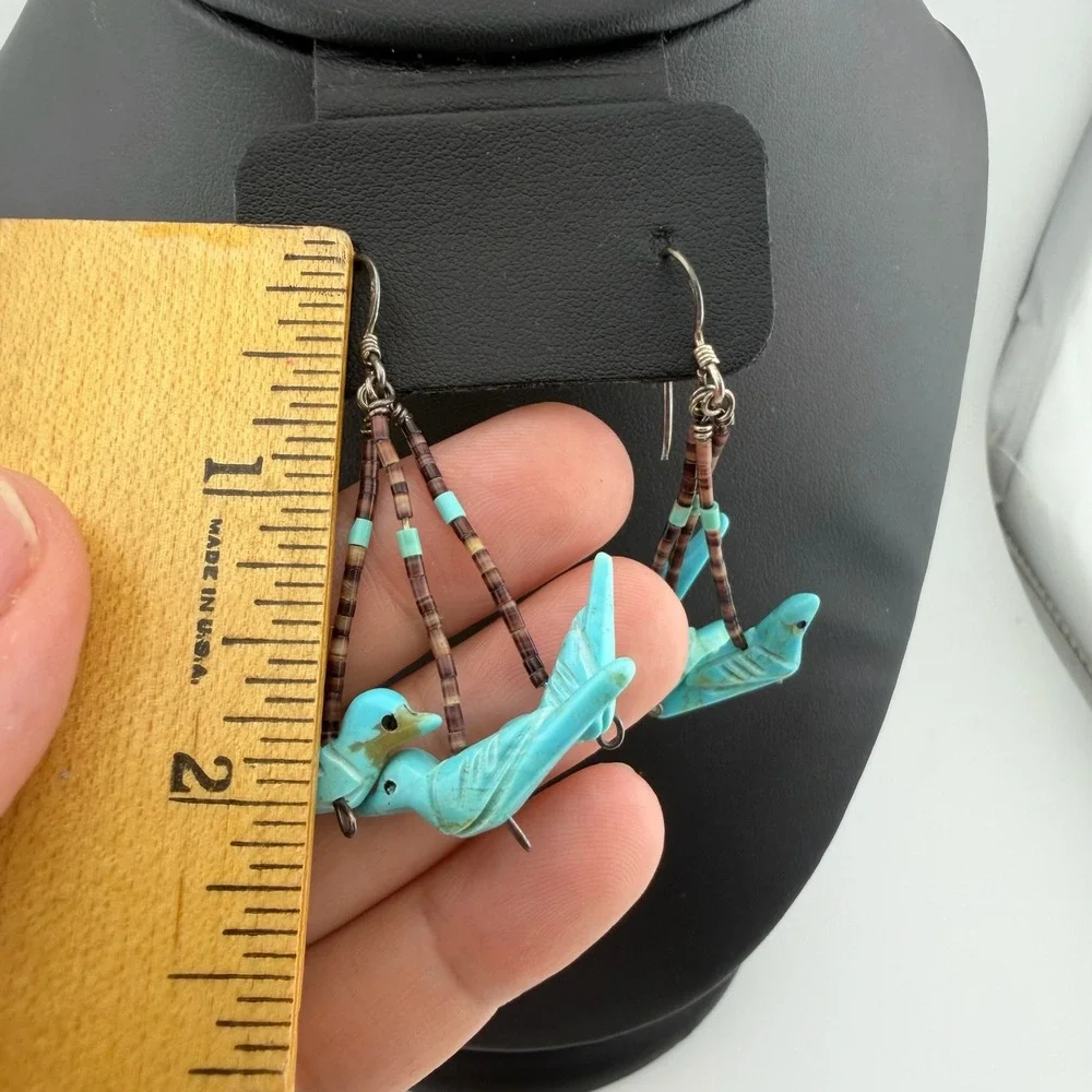 Native American Zuni Fetish Turquoise Bird Dangle Earrings Heishi Shell Boho